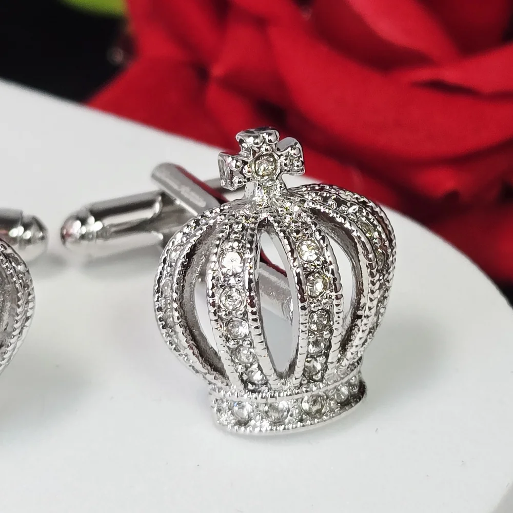 Royal Crown Cufflinks Silver Rhinestone King Regal French Cuff Formal Wedding